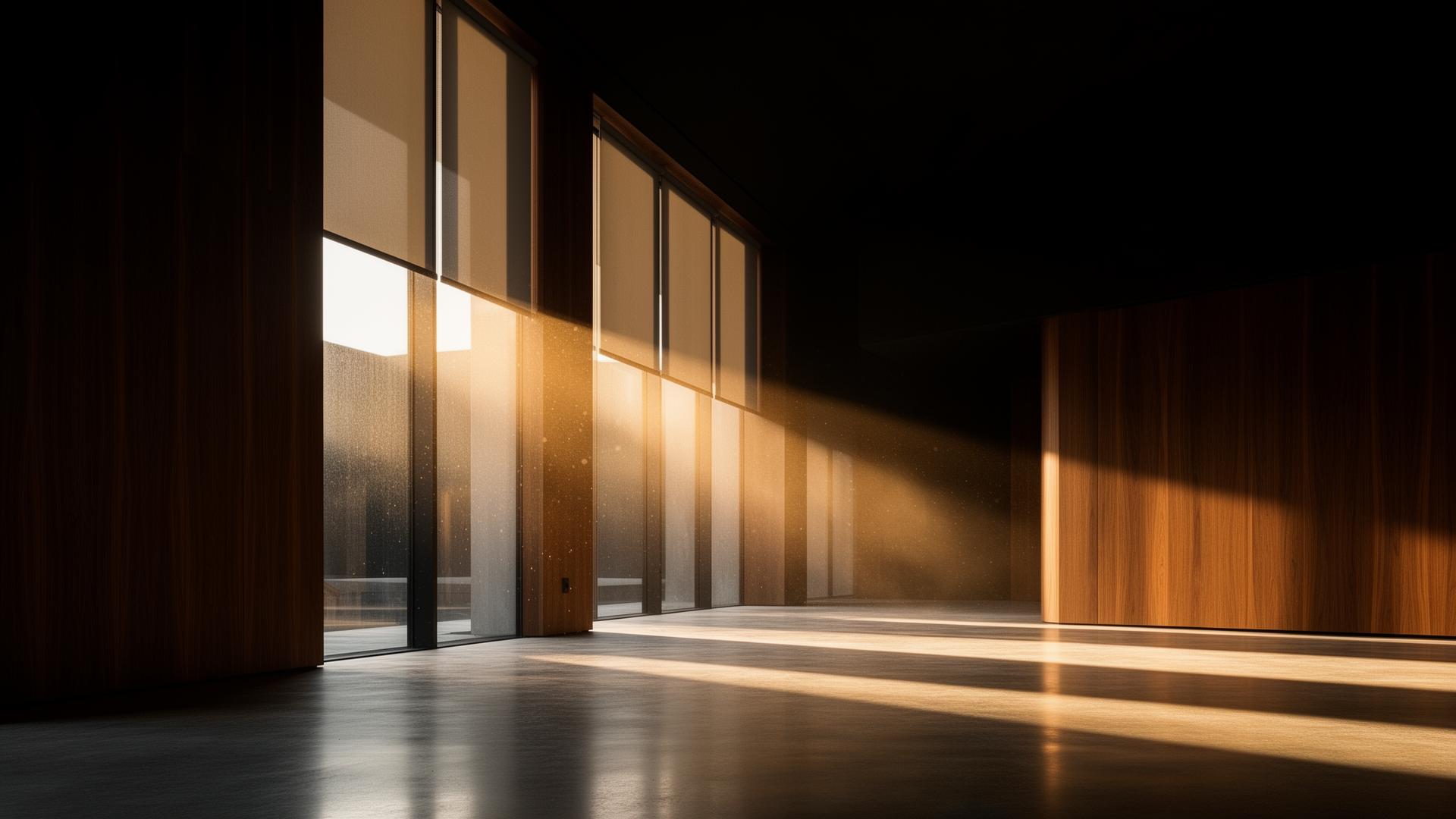 Sunlight filtering through roller shades in a modern architectural interior — Heliotec factory-direct window covering textiles, systems, and components